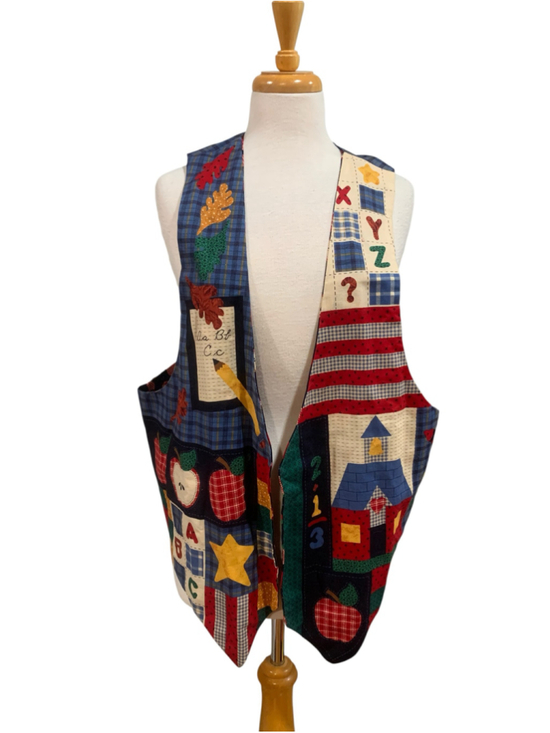 Unbranded Jackets & Blazers - Vntg Women's School Theme quilt style printed Vest OSFM Blue and Red